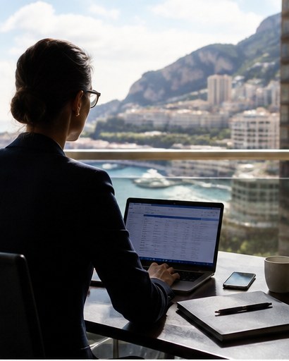An executive working from a private terrace overlooking Monaco