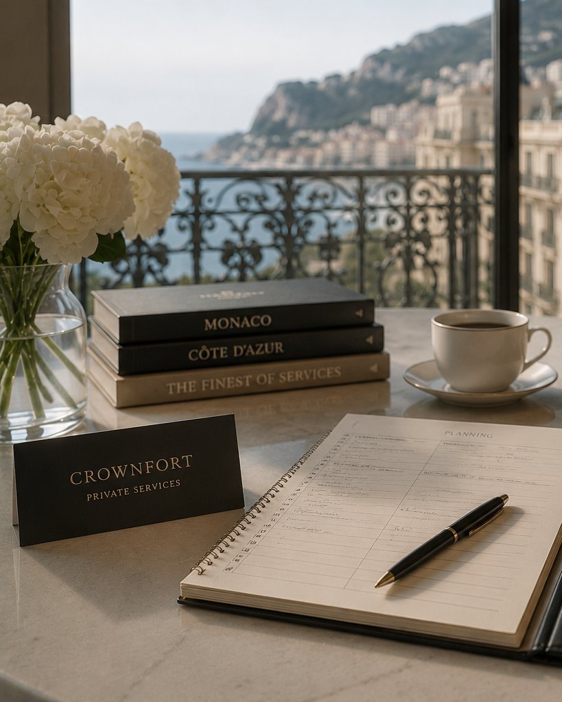 A personal planning notebook and Crownfort stationery on a Monaco terrace