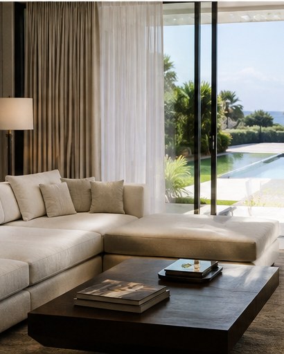 A refined living room opening onto a pool and Mediterranean garden